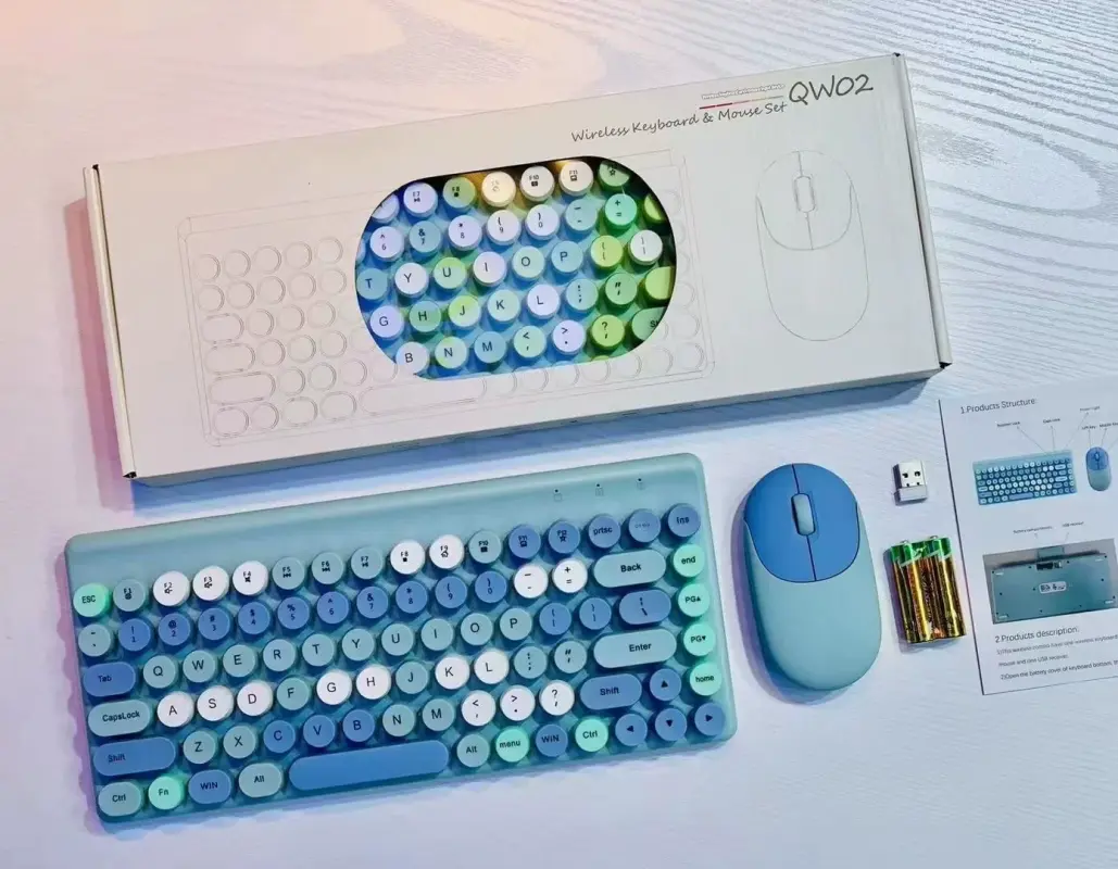 Wireless Keyboard & Mouse Combo - Retro Round Keycaps, 2.4GHz Ergonomic Design(blue)