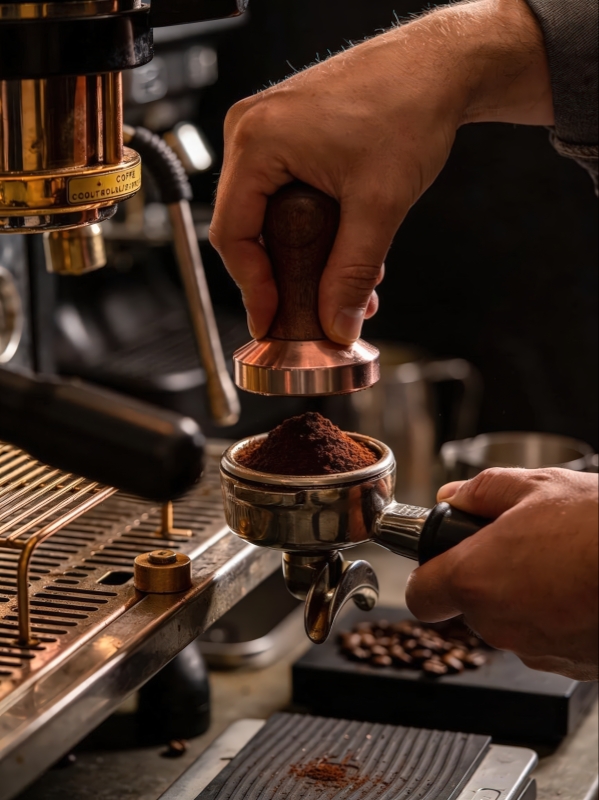 Tamping the coffee