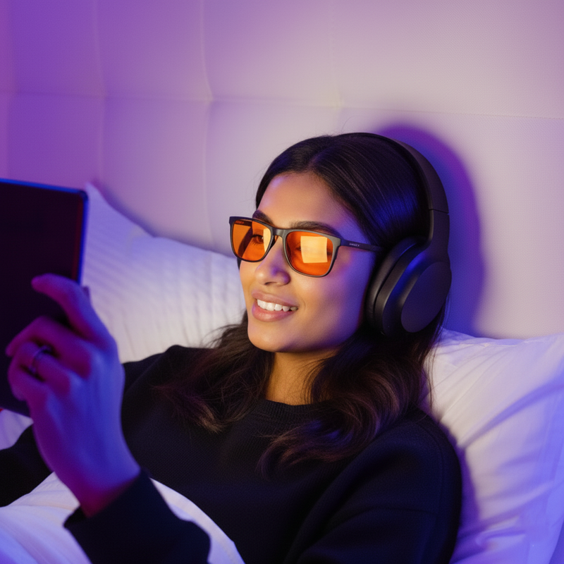 Woman in bed wearing NoctiX glasses and holding a phone