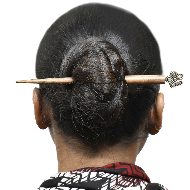 Women Juda Hair Pin Wood & Metal Handmade Beautiful Design Traditional Stick Pin - Picture 33 of 40