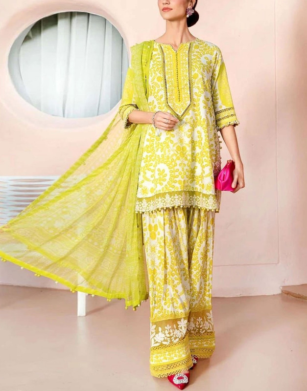 All-Over Print Embroidered Lawn Dress with Chiffon Dupatta