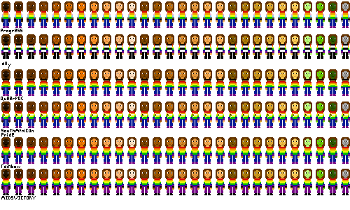 a row of people with pride flag shirts and light brown hair