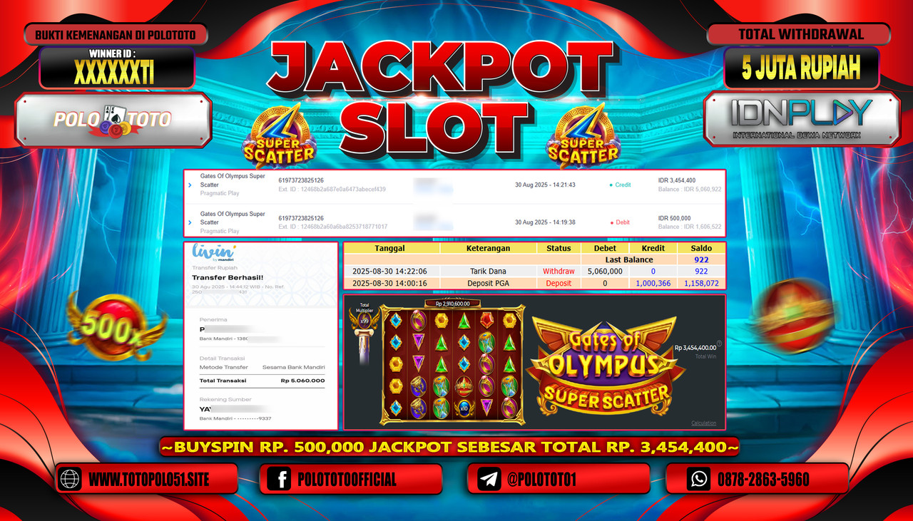 POLOTOTO JACKPOT SLOT GATES OF OLYMPUS SUPER SCATTER Rp.5.000.000,-LUNAS
