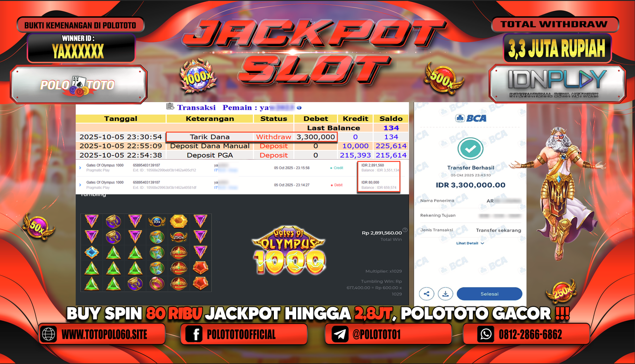 POLOTOTO JACKPOT SLOT GATES OF OLYMPUS 1000 Rp.3.300.000,- LUNAS