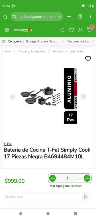 Bodega Aurrera: Bateria de Cocina T-Fal Simply Cook 17 Piezas Negra B4694484M10L 
