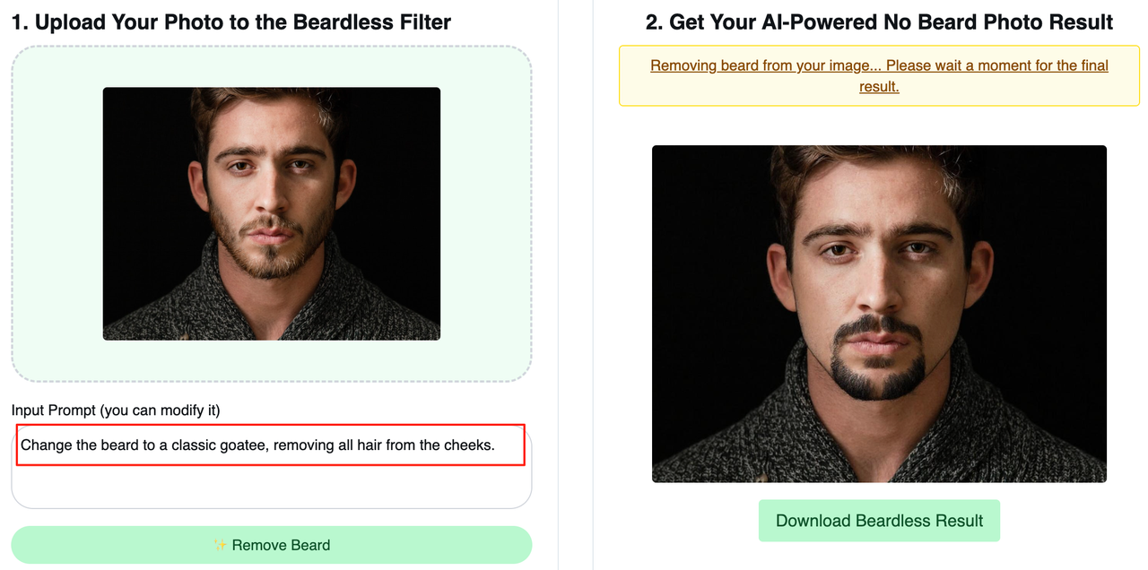 Comparison showing original beard transformed into a classic goatee Original beard vs AI-generated goatee