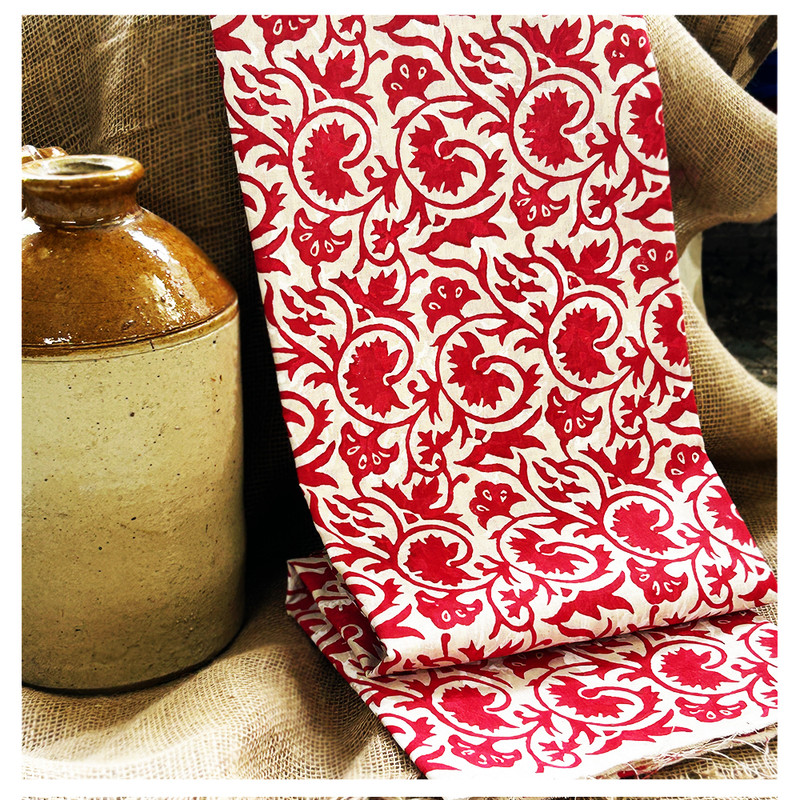 Hand Block Printed Khadi Cotton Kurti Material with Red Jaal Design
