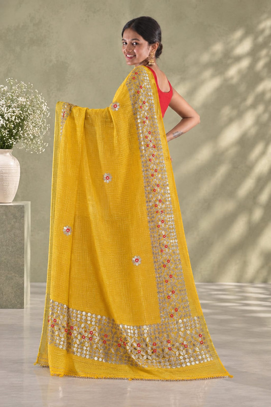 Women's Designer Kota Doria Gota Patti Saree with Aari Embroidery & Unstitched Blouse Piece - additional view