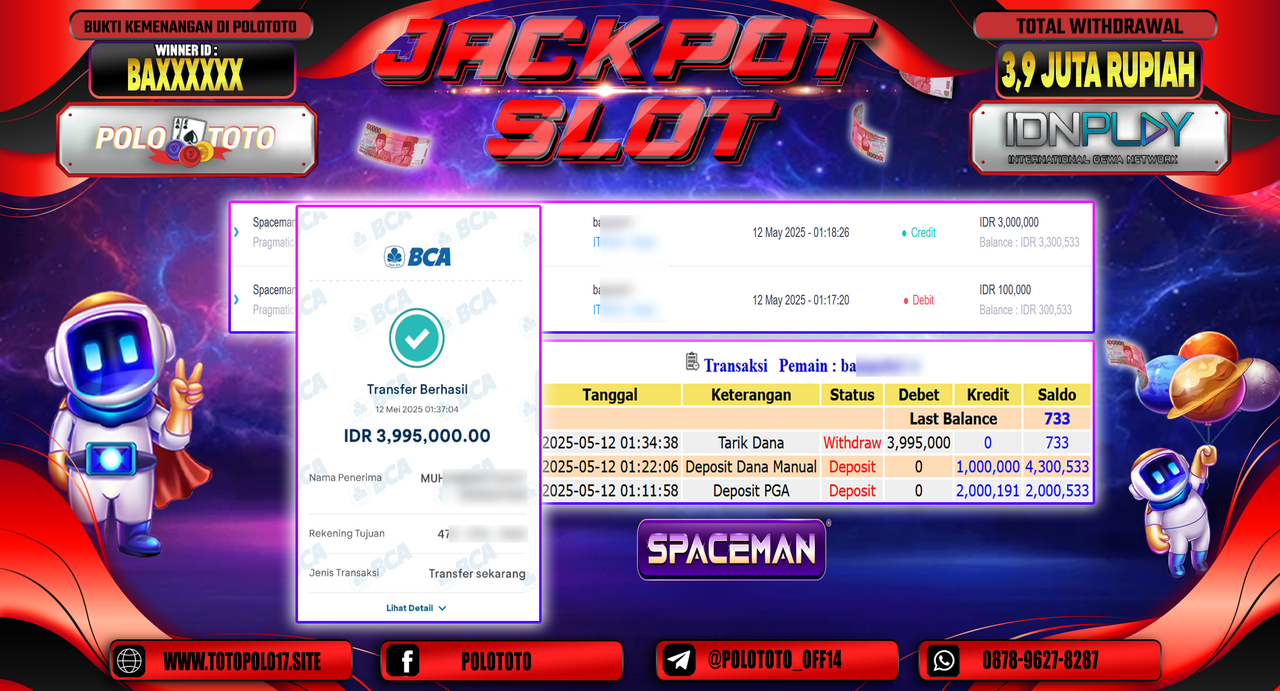 POLOTOTO JACKPOT SLOT SPACEMAN Rp.3.995.000,-