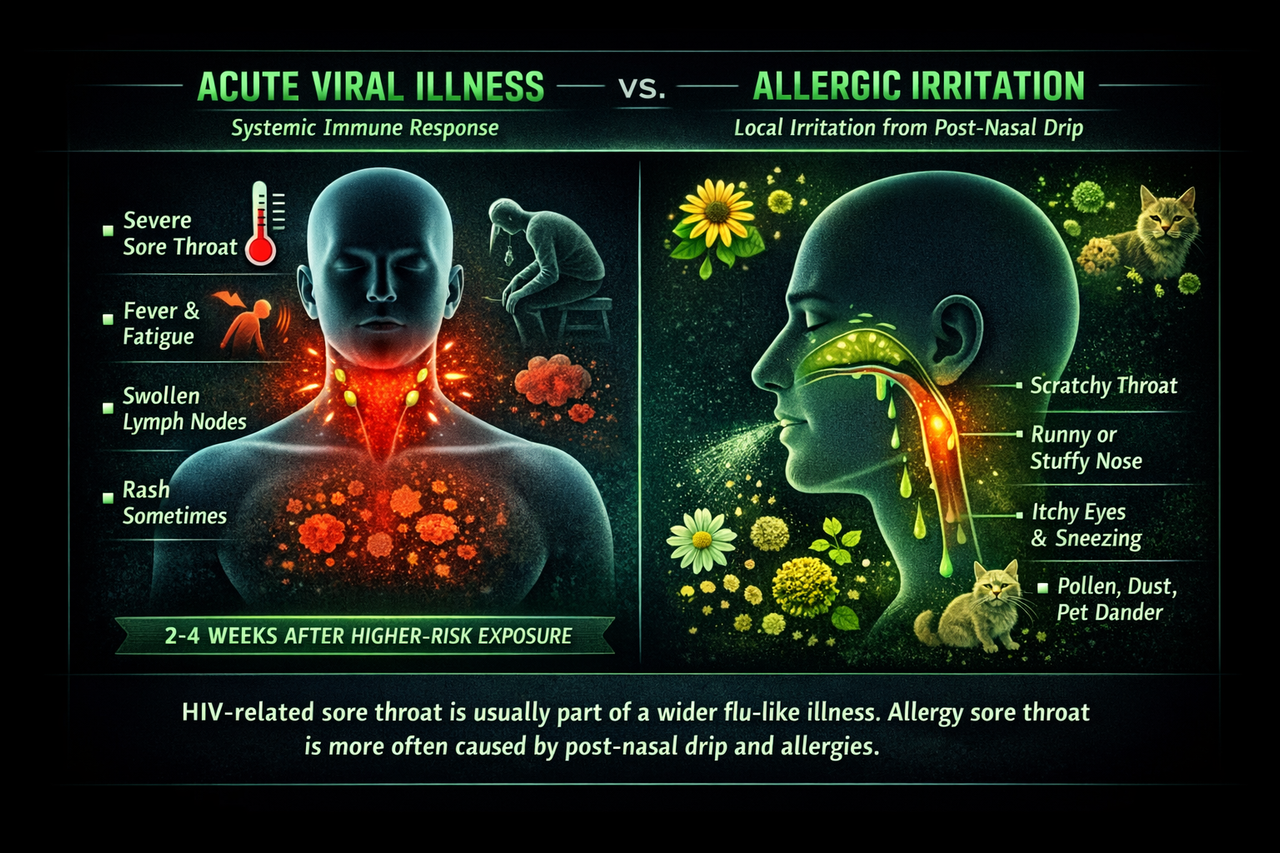 Scientific infographic comparing an HIV-related sore throat as part of an acute viral illness versus an allergy-related sore throat caused by post-nasal drip