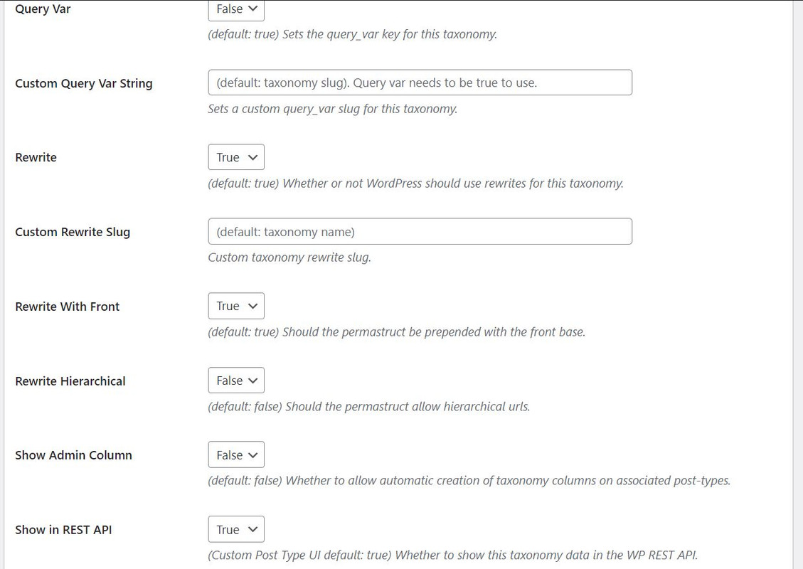 CPT UI taxonomy settings 2