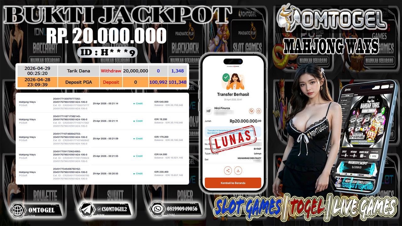 OMTOGEL JACKPOT PGSOFT MAHJONG WAYS 1 , 20 JUTA DI BAYAR LUNAS ,-