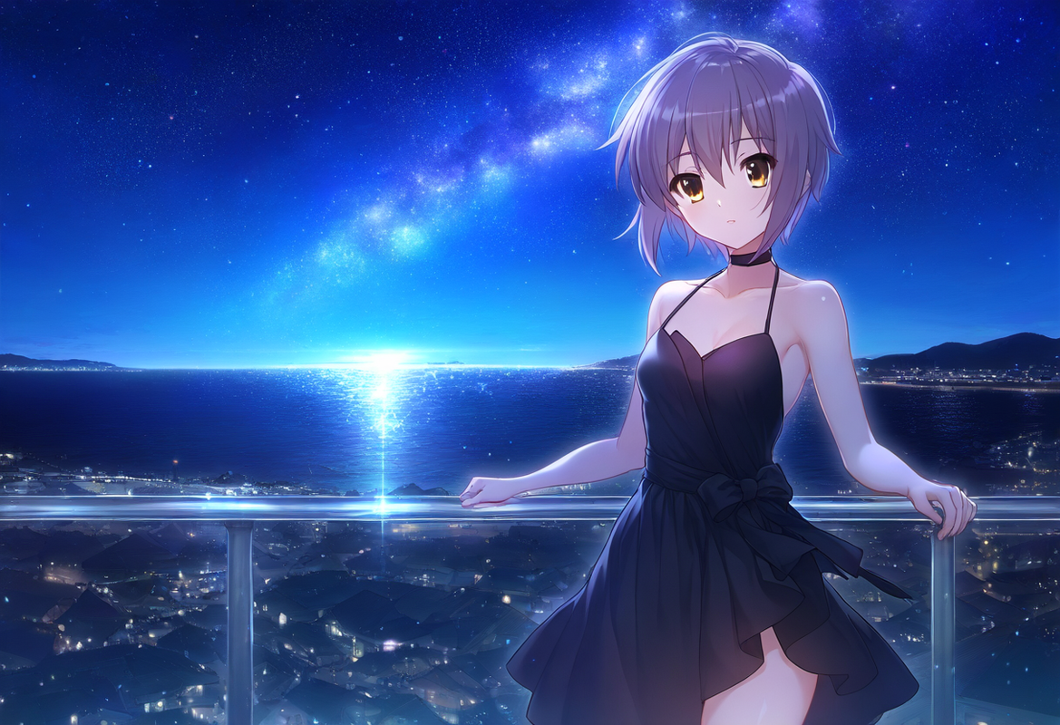 1girl, nagato yuki (suzumiya haruhi no yuuutsu), black dress, Leaning on a rooft s-81433964