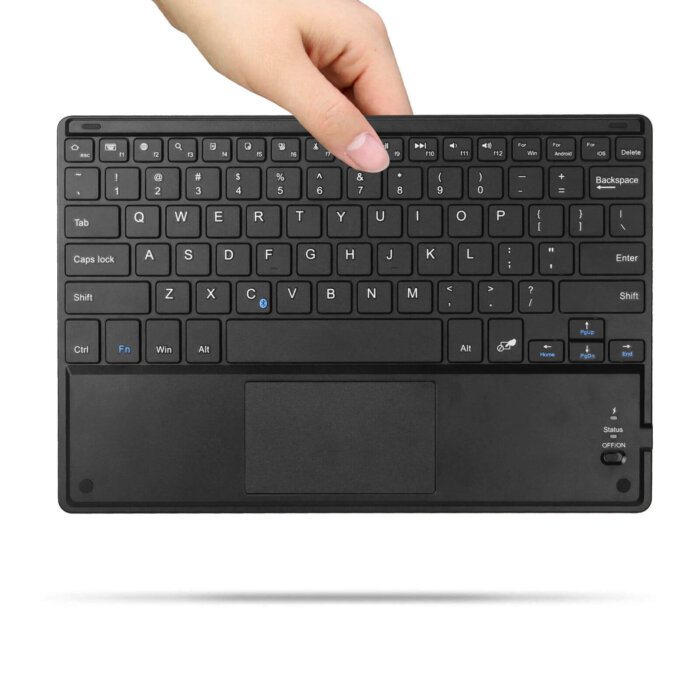 Teclado Bluetooth plegable abierto, con touchpad y soporte para tablet.
