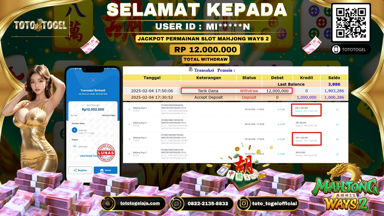 Bukti Pembayaran Jackpot  Permainan Slot Mahjong Ways 2  ID:MI*****N  LUNAS