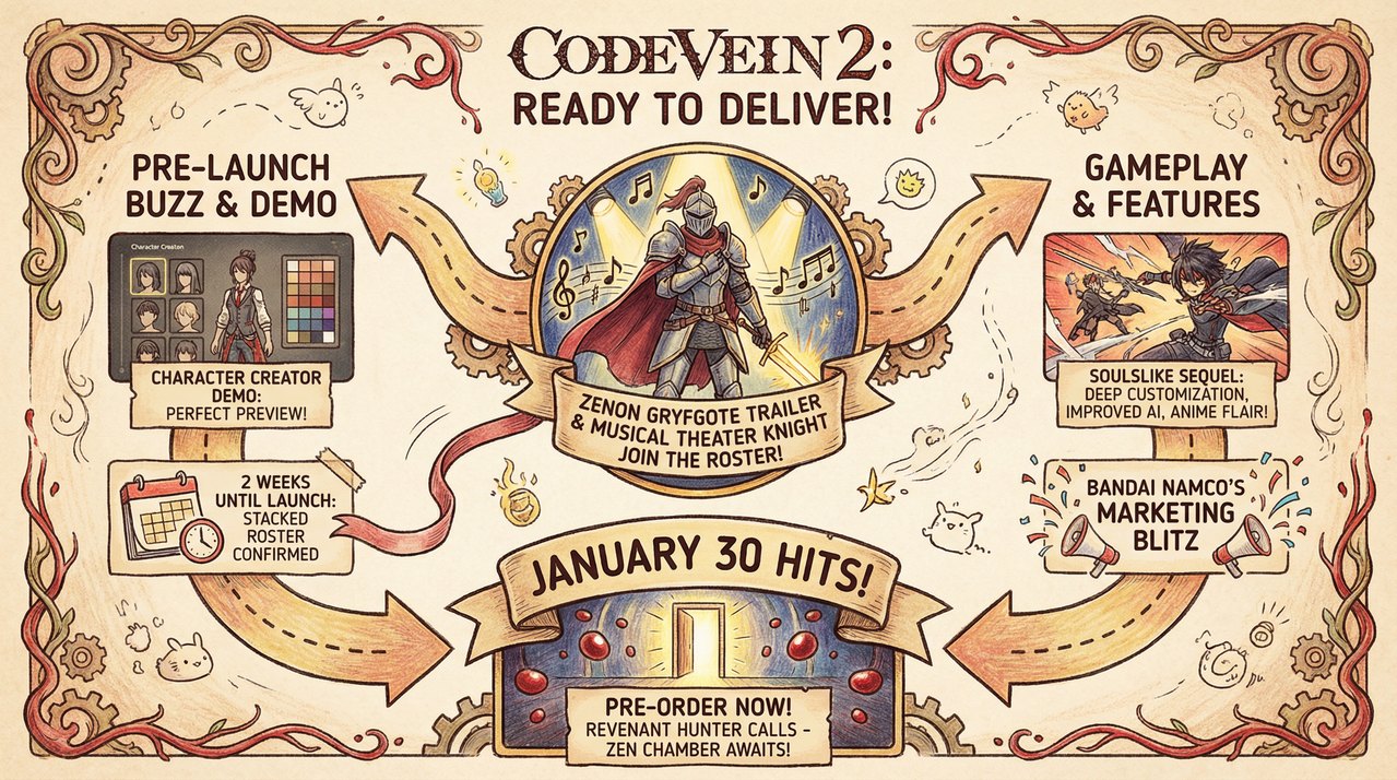 Code Vein 2 Zenon Gryfgote Trailer Drops Musical Banger Days Before Launch 1 Anime-style armored knight with demonic musical ensemble in gothic cathedral