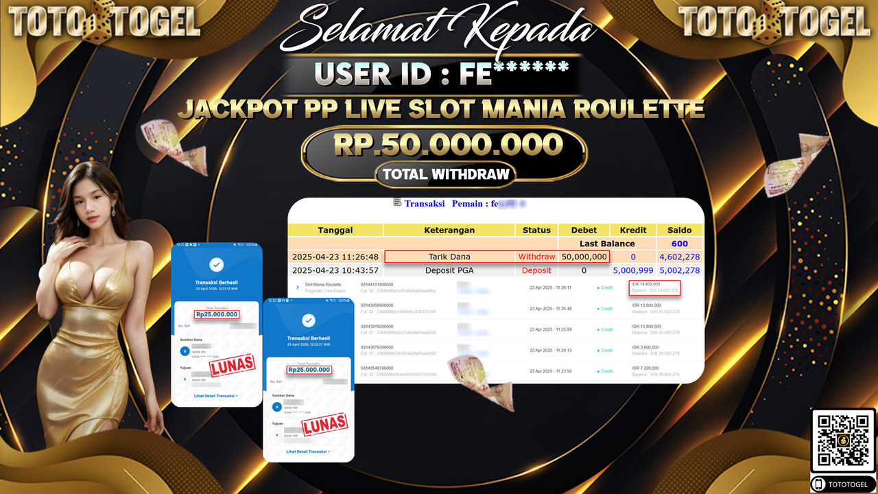 Bukti Pembayaran Jackpot  Permainan Pp Live Slot Mania Roulette ID:FE***** LUNAS