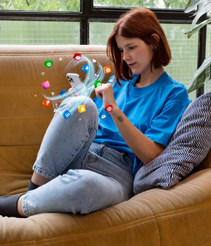 Woman with phone and followers pop-up