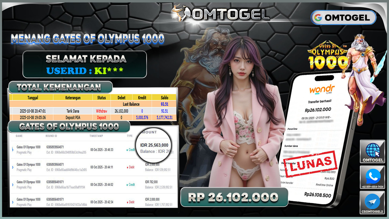 OMTOGEL JACKPOT PRAGMATIC PLAY GATES OF OLYMPUS 1000 26 JUTA DI BAYAR LUNAS ,-
