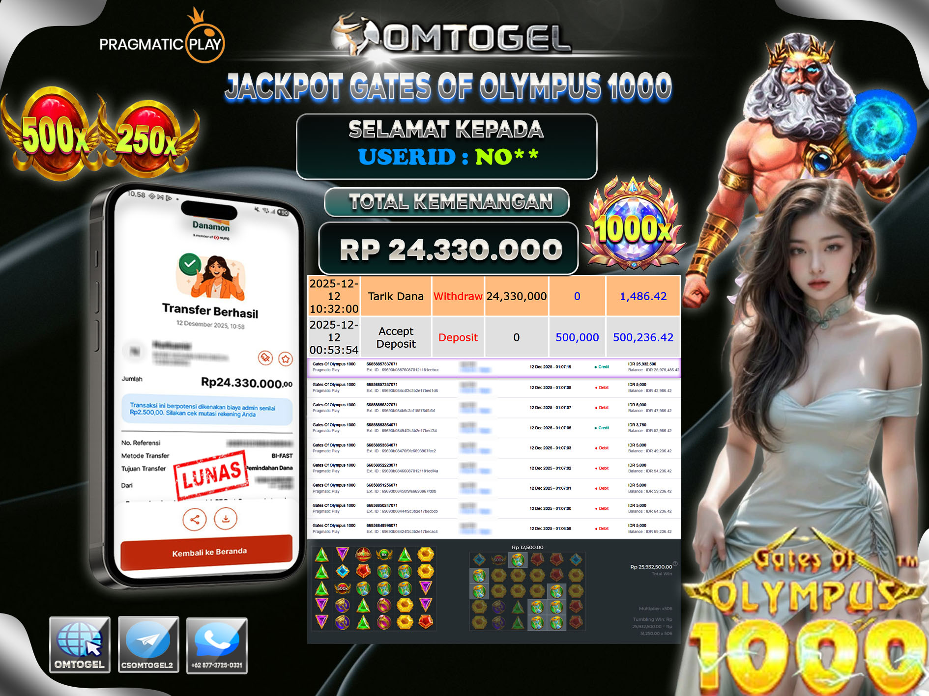 OMTOGEL JACKPOT PRAGMATIC PLAY GATES OF OLYMPUS 1000 , 24 JUTA DI BAYAR LUNAS ,-