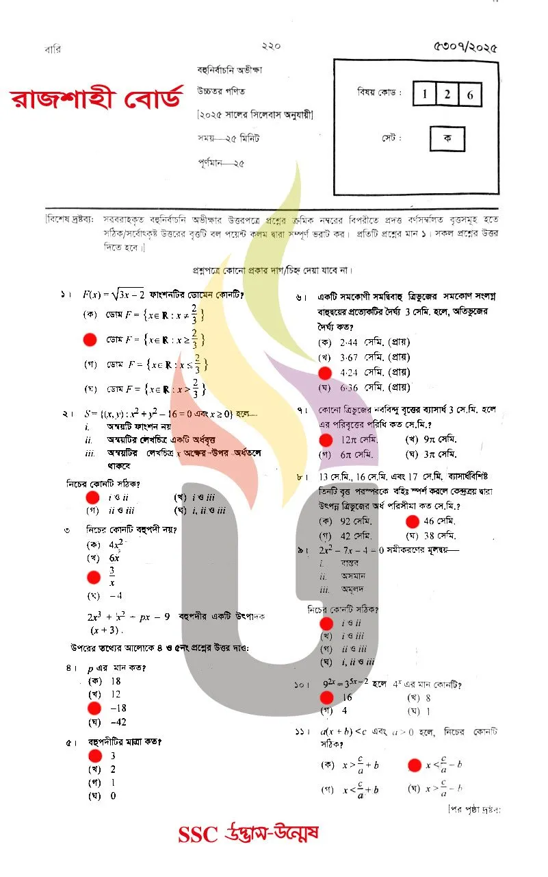 Higher Math MCQ Question Solution Rajshahi Board SSC 2025