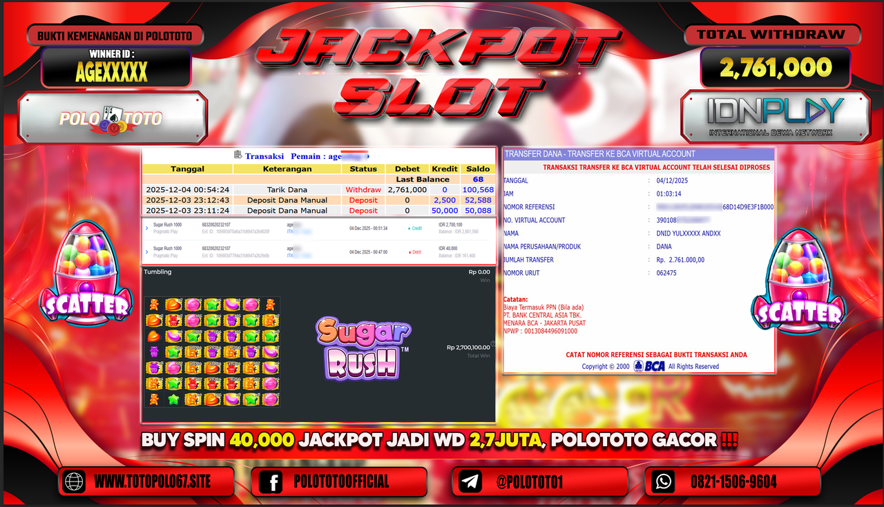 POLOTOTO JACKPOT SLOT SUGAR RUSH Rp.2.761.000,- LUNAS