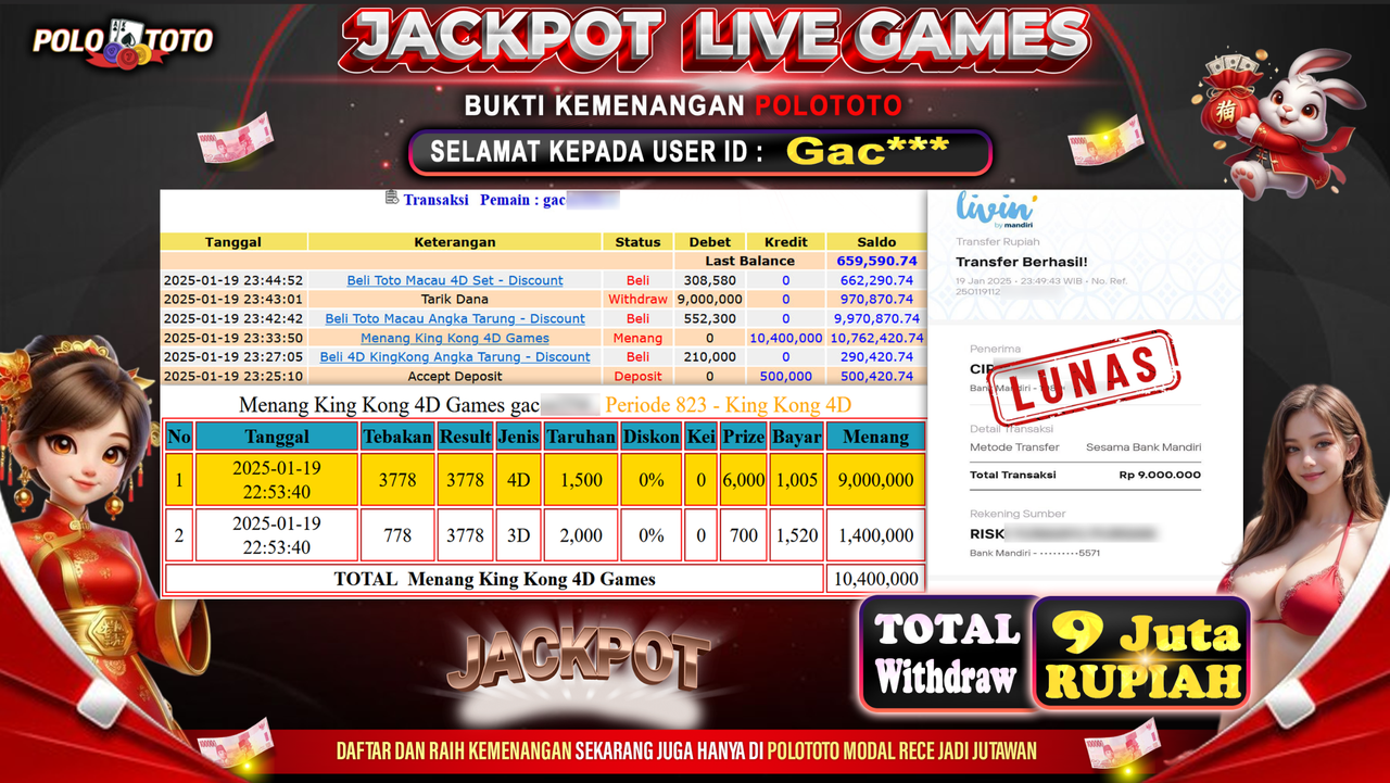 POLOTOTO JACKPOT LIVE GAMES KING KONG 4D Rp.9,000.000,-