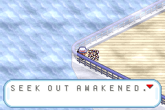 The trainer is on the pier of s.s. anne. it's foggy, and she's facing a glitchy mass.