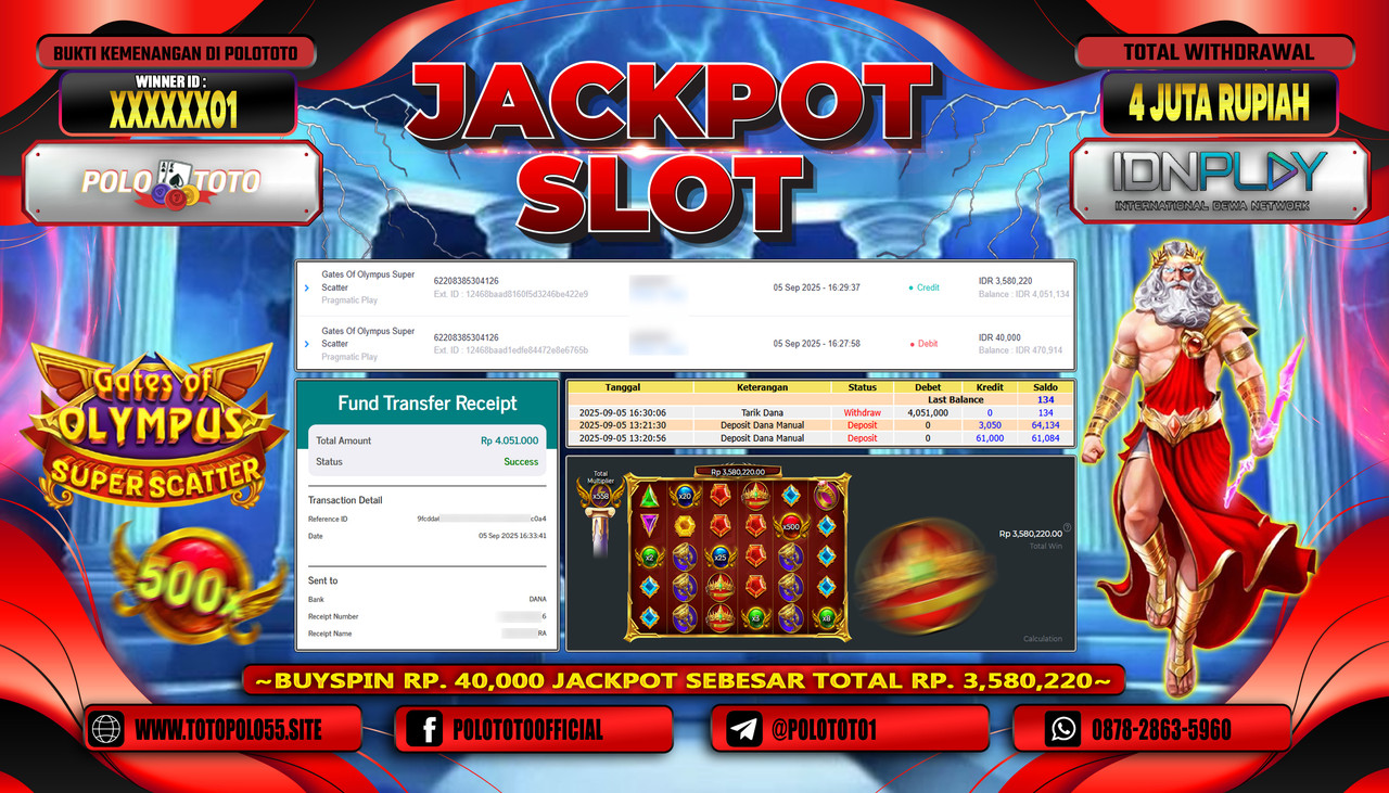 POLOTOTO JACKPOT SLOT GATES OF OLYMPUS SUPER SCATTER Rp.4.000.000,- LUNAS
