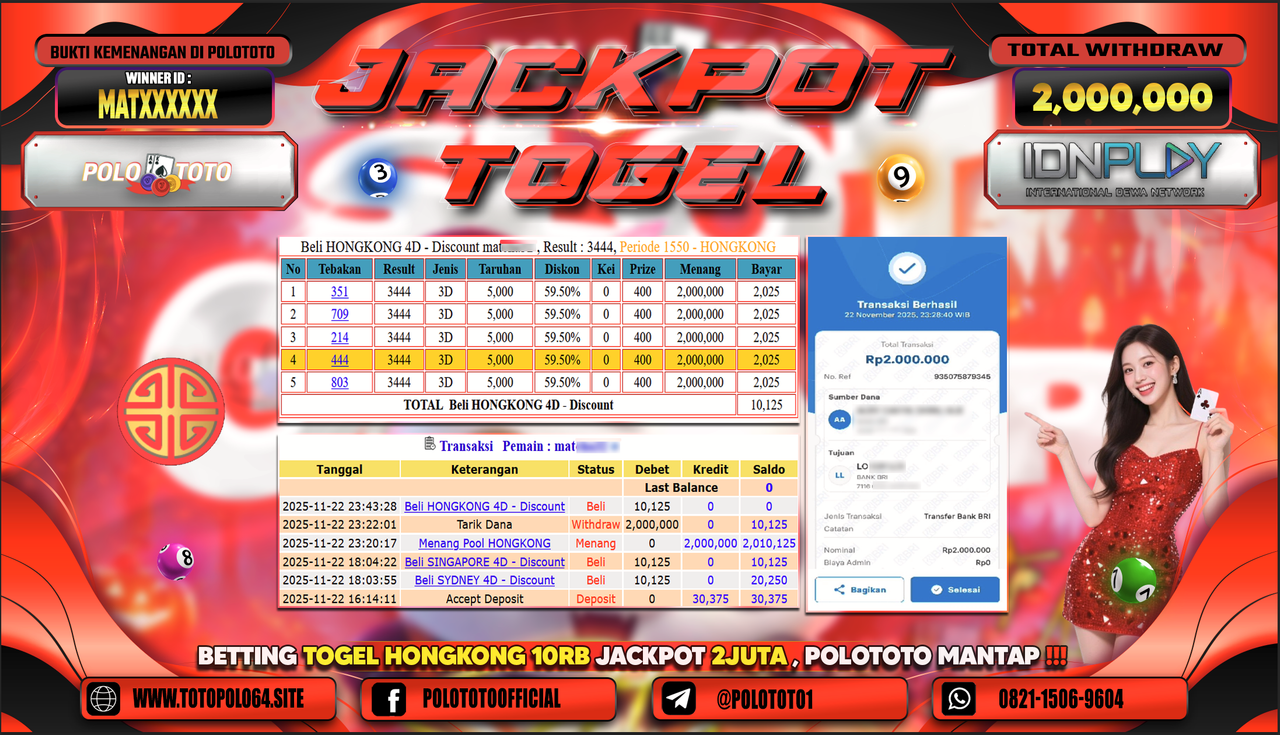 POLOTOTO JACKPOT TOGEL MENANG HONGKONG LOTTO Rp.2.000.000,- LUNAS