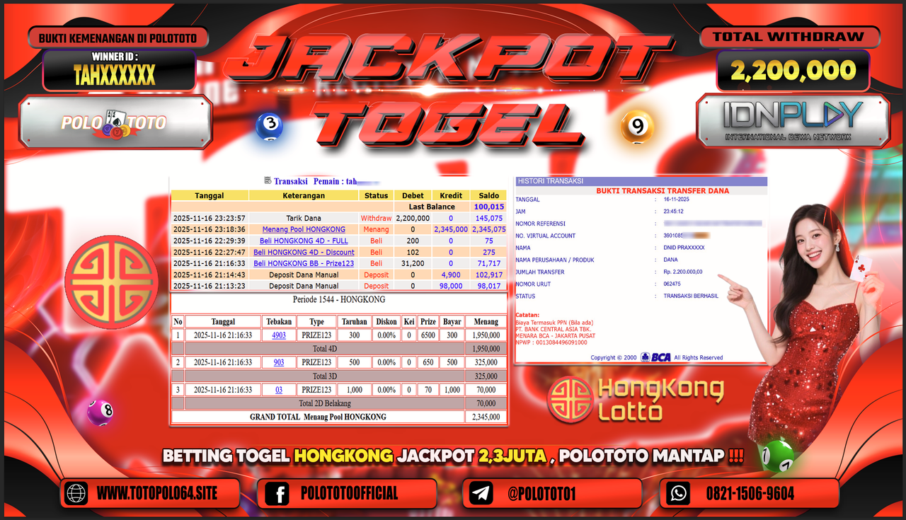 POLOTOTO JACKPOT TOGEL MENANG HONGKONG LOTTO Rp.2.200.000,- LUNAS