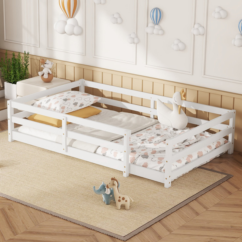 Montessori White Wood Twin Floor Bed with Metal Fence - Picture 1 of 8