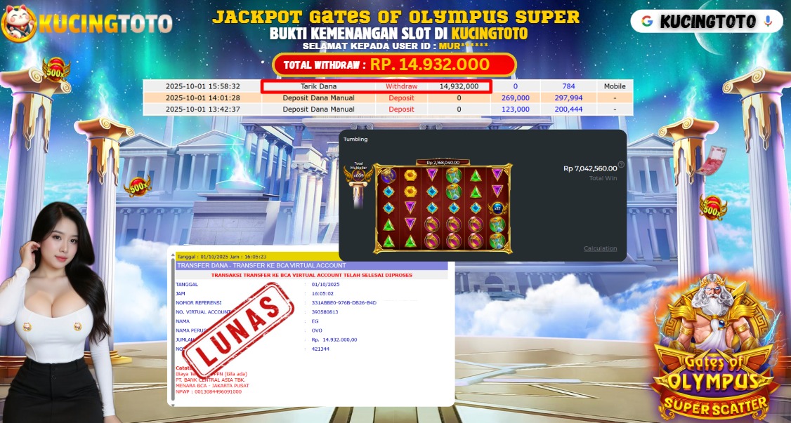 KUCINGTOTO JACKPOT SLOT GATES OF OLYMPUS SUPER RP.14.932.000.,- LUNAS