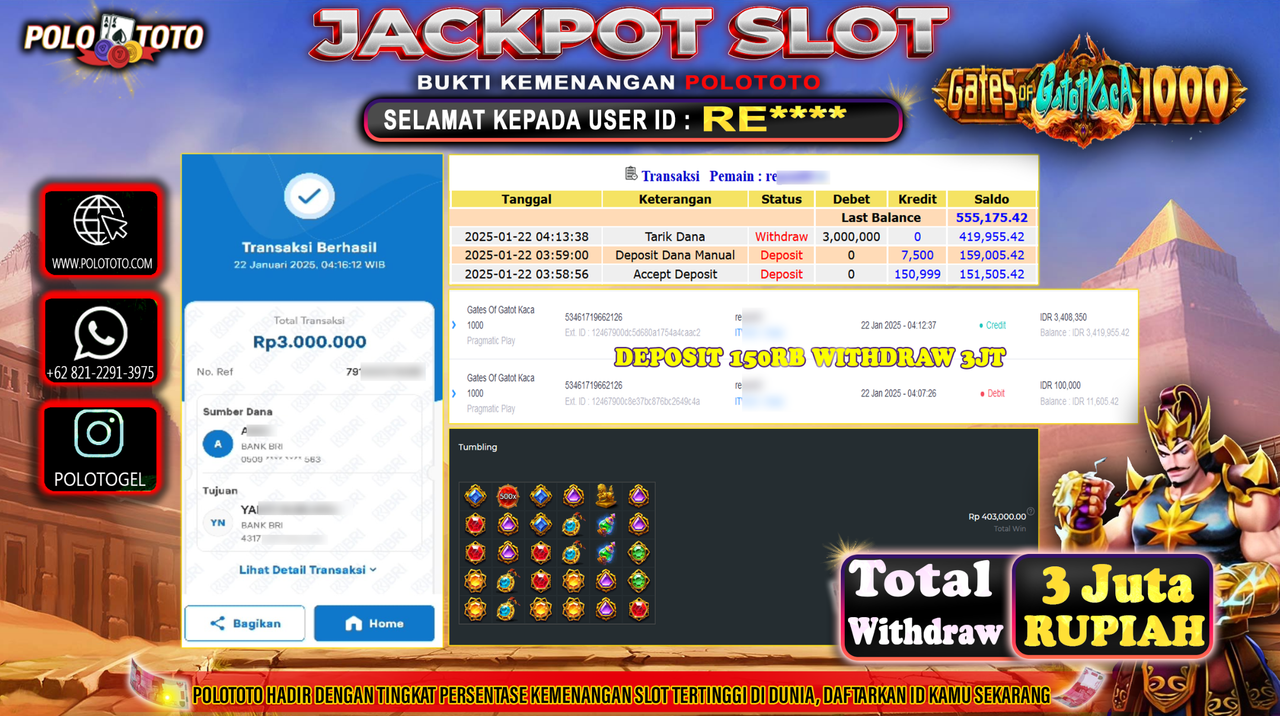 POLOTOTO JACKPOT SLOT GATES OF GATOTKACA 1000 Rp.3,000.000,-