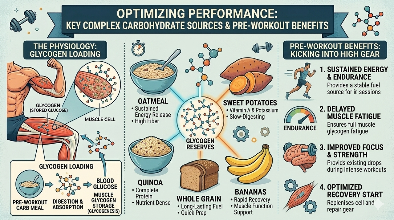 Collage of complex carbohydrate sources including oatmeal, sweet potatoes, quinoa, whole grain bread, and bananas for pre-workout meal benefits of complex carbs