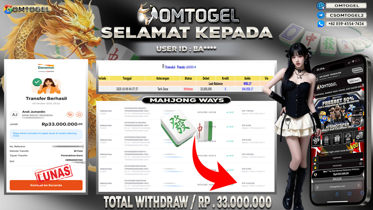 OMTOGEL JACKPOT PGSOFT MAHJONG WAYS 33 JUTA DI BAYAR LUNAS ,-