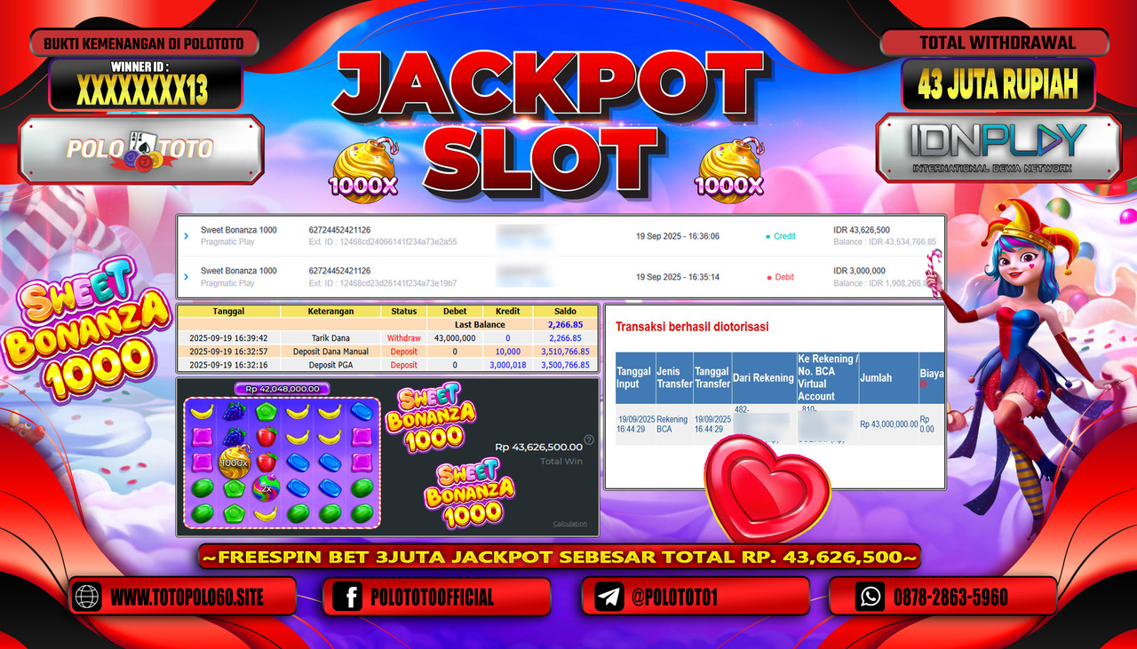 POLOTOTO JACKPOT SLOT SWEET BONANZA 1000 Rp.43.000.000,- LUNAS