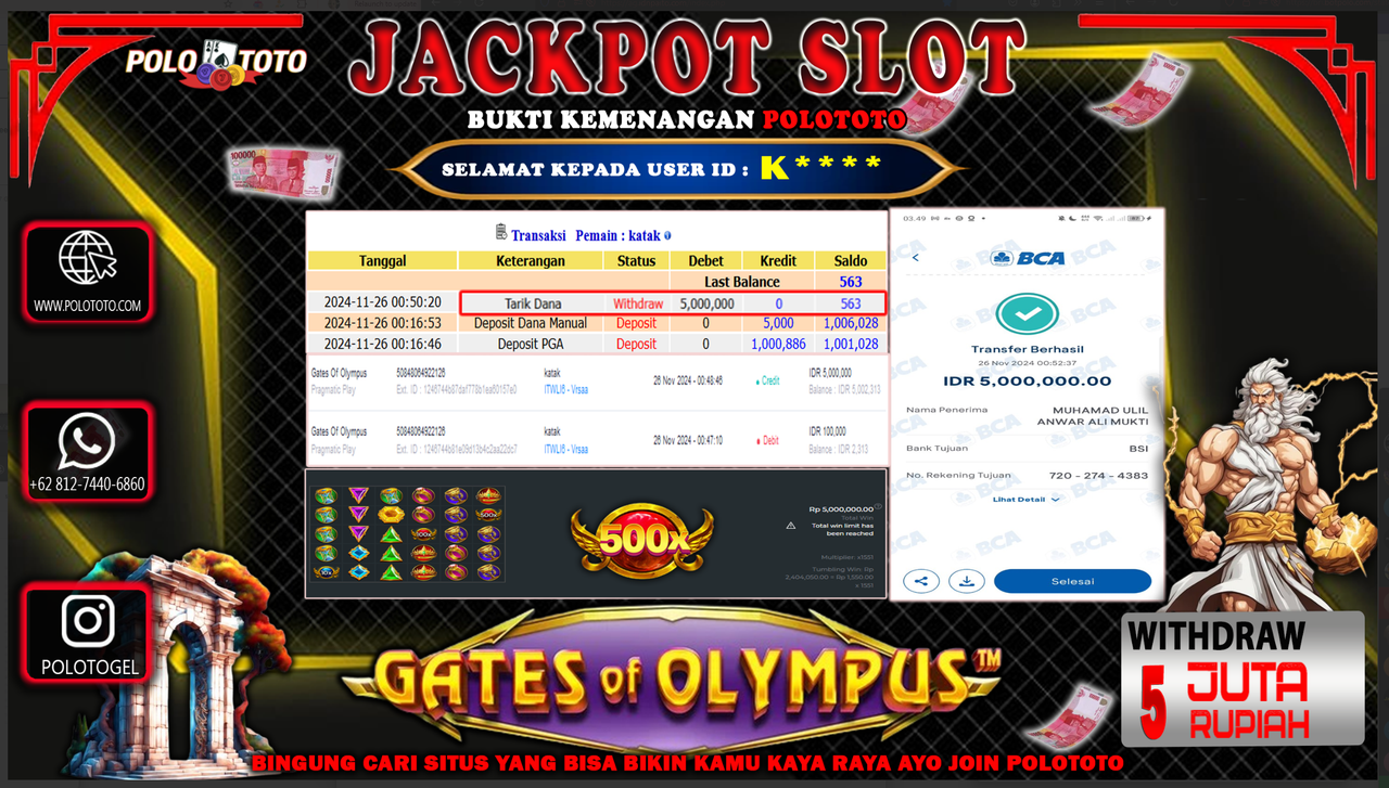 POLOTOTO JACKPOT SLOT GATES OF OLYMPUS Rp.5.000.000,- 