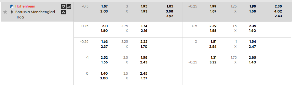 Tỷ lệ kèo Hoffenheim vs Monchengladbach
