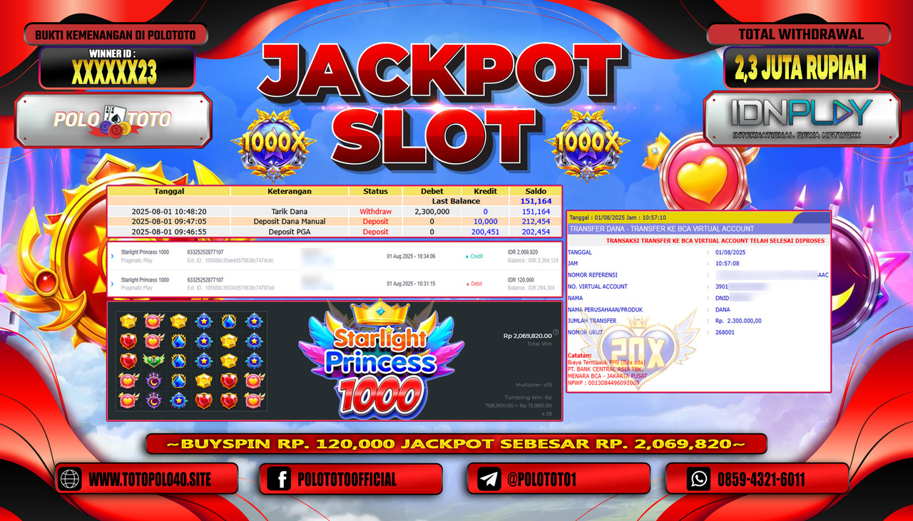 POLOTOTO JACKPOT SLOT STARLIGHT PRINCESS 1000 Rp.2.300.000,-LUNAS