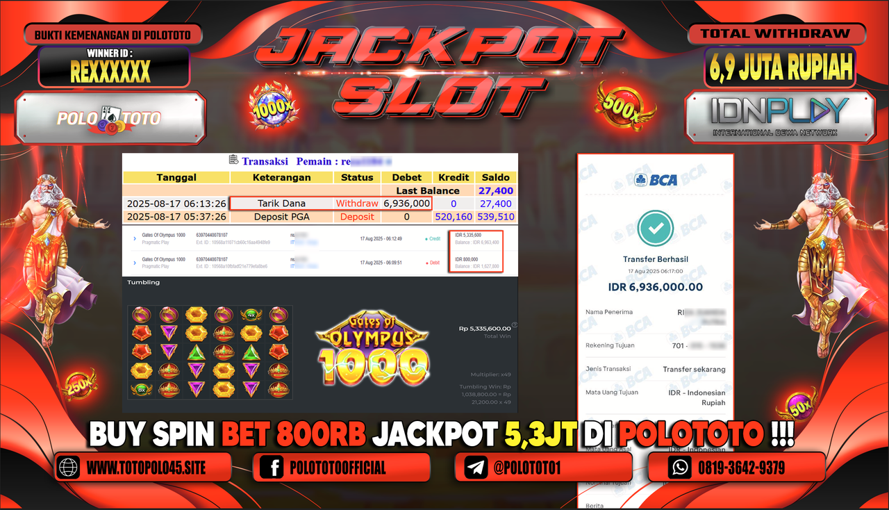 POLOTOTO JACKPOT SLOT GATES OF OLYMPUS 1000 Rp.6.936.000,-
