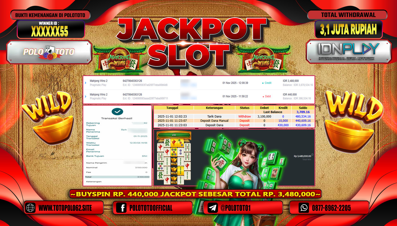 POLOTOTO JACKPOT SLOT MAHJONG WINS 2 Rp.3.100.000,- LUNAS