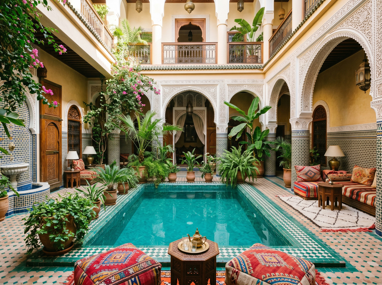 Traditional Moroccan riad with courtyard and pool in Marrakech