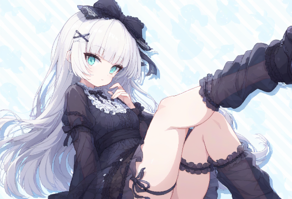 1girl, striped background, aqua eyes, long hair, hime cut, white hair, short ban s-1039462043