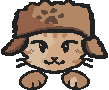 a small pixel headshot of Alabaster, a orange-apricot watercolor not-cat wearing a orange hunter's hat. cat ID 261020. base by user ID 5119.