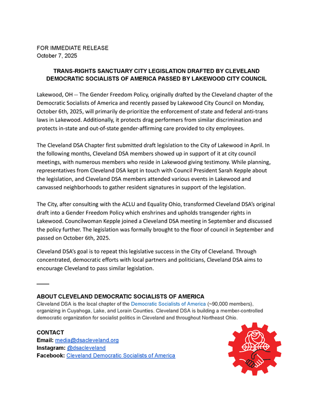 Lakewood Trans-Rights Sanctuary City Legislation Press Release