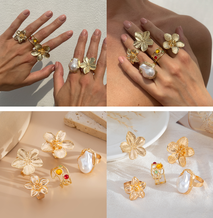 5-Piece Molten Gold Tone Ring Set - Vintage Baroque Flowers, Large Faux Pearl & Colourful Gem Cuff - Adjustable Boho Stackable Jewellery