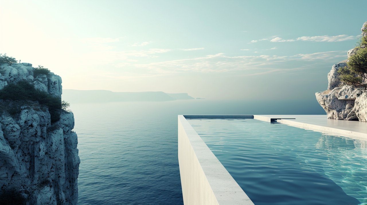 Piscine à débordement moderne en bord de falaise