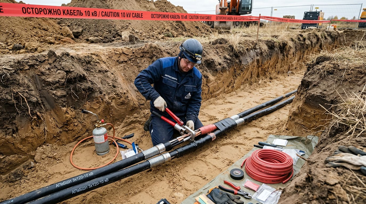 Монтажник выполняет разделку и монтаж соединительной муфты 10 кВ