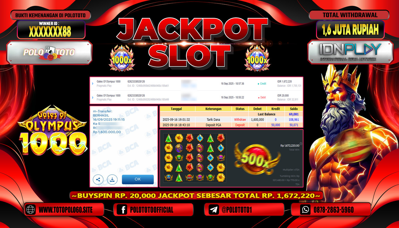 POLOTOTO JACKPOT SLOT GATES OF OLYMPUS 1000 Rp.1.600.000,- LUNAS